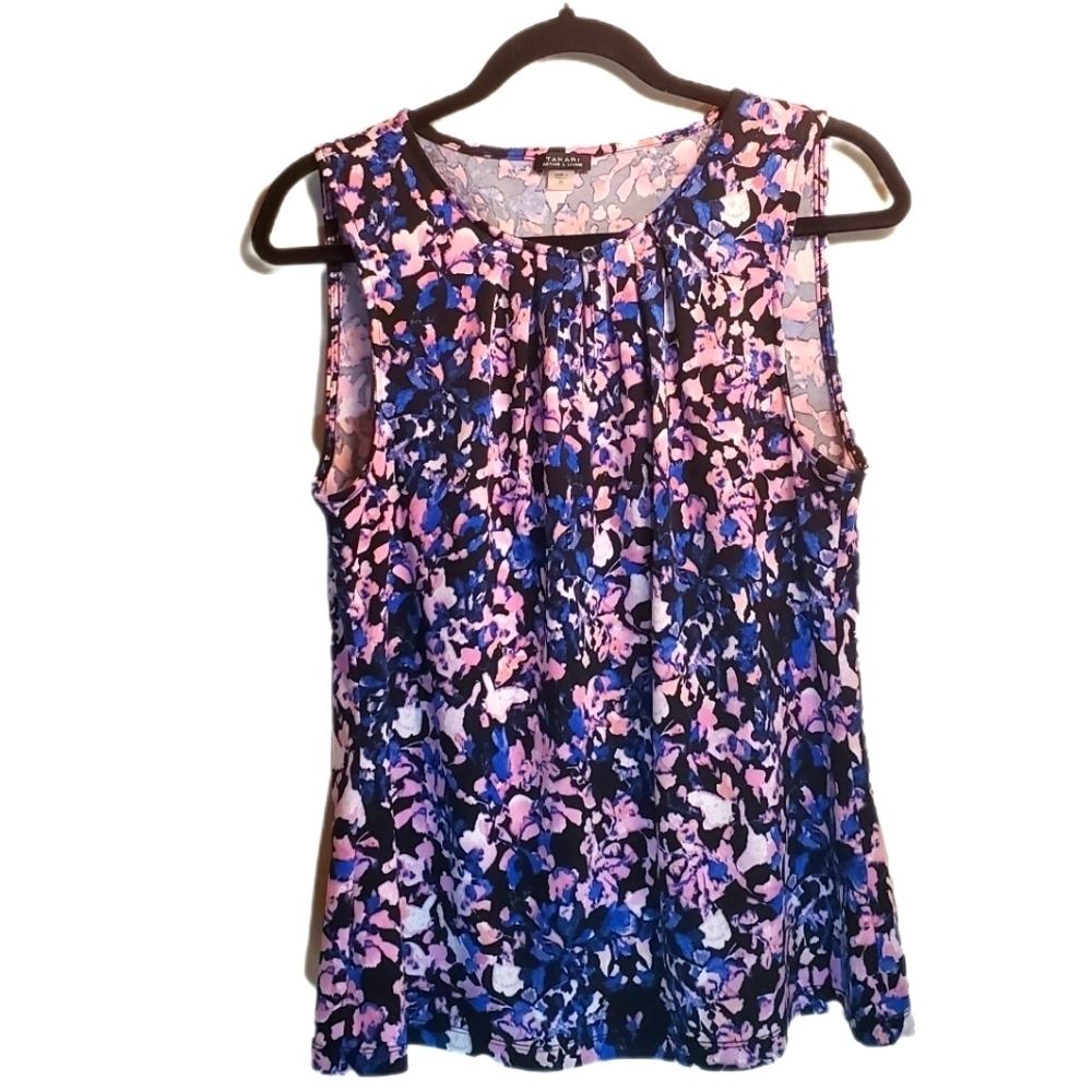 TAHARI Sleeveless Top 5% Elastane Stretch Mult Print Size Medium Keyhole Neck